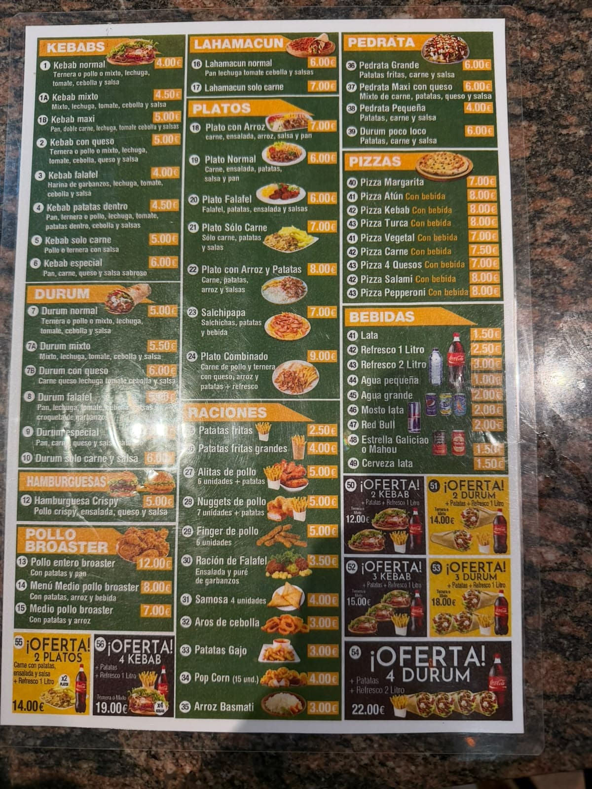 Carta del local con todos los kebabs, durums, platos y precios